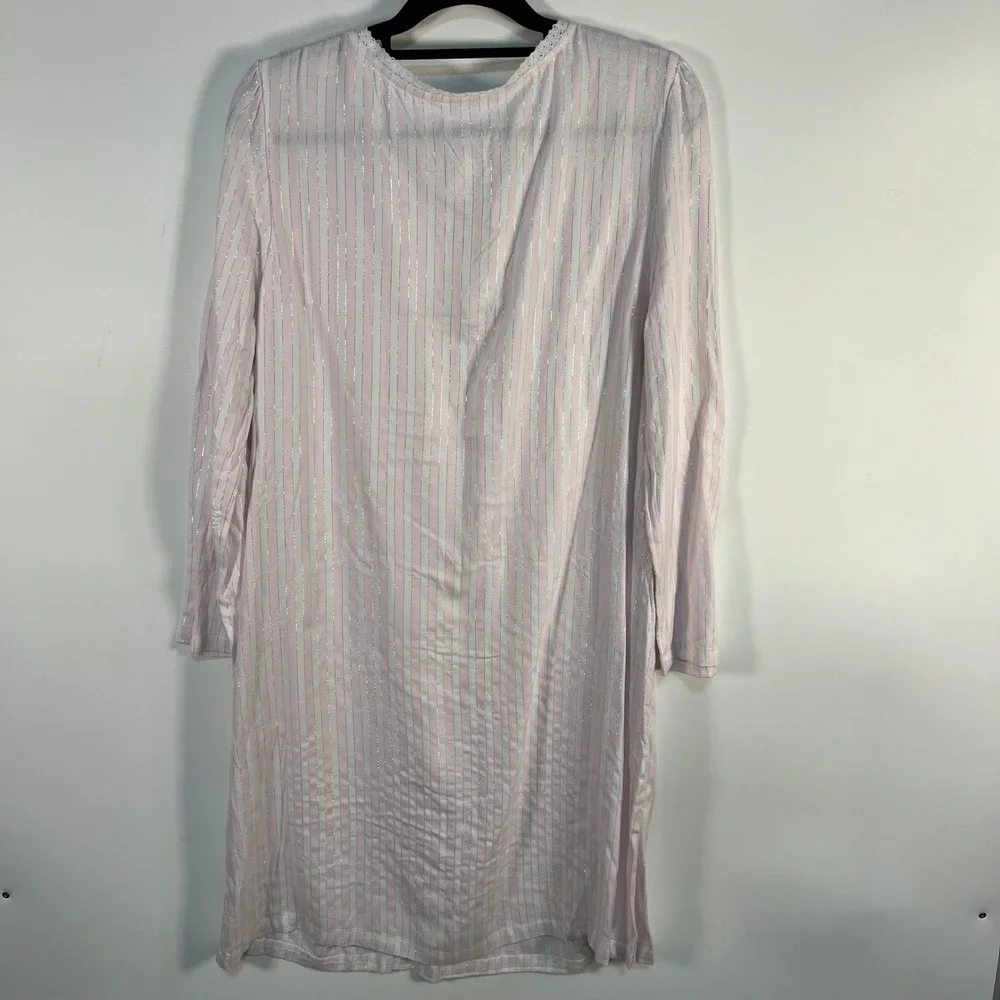 Croft‎ & Barrow Pink White Striped Silver Lurex V-Neck Nightgown women's L NWT